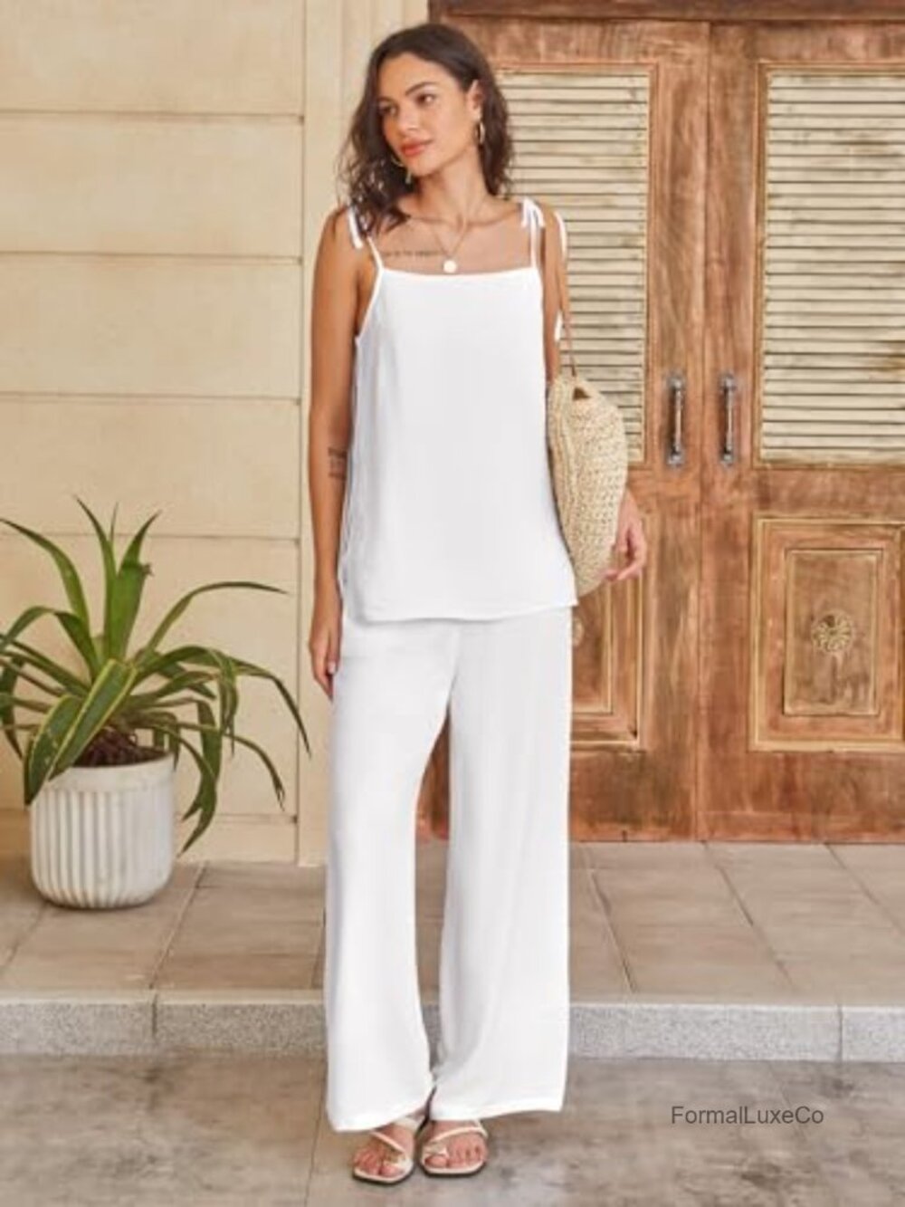 2 Piece Summer Set - Sleeveless Top & Wide Leg Pants - Loose Loungewear Travel - Picture 2 of 7